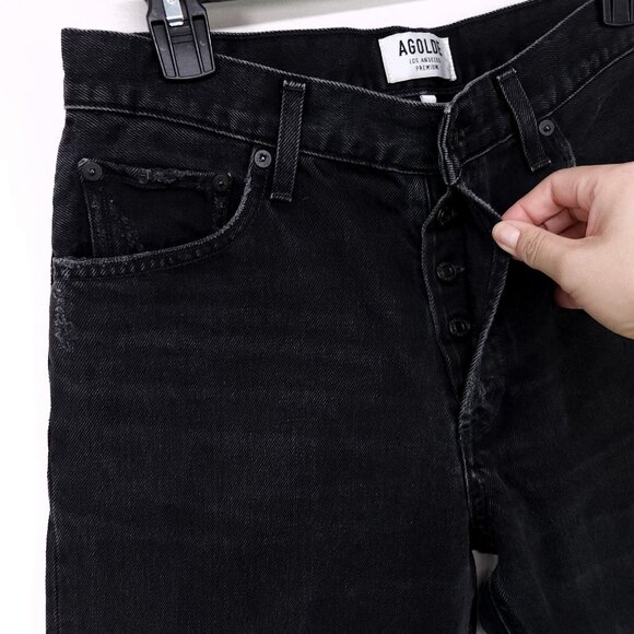 AGOLDE Straight Leg Jeans Women’s 29 Distress Black Button Fly Mid Rise Denim - Picture 4 of 15